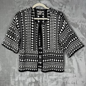 Chicos Knit Sweater Cardigan Size 0 Small Black White 3/4 Sleeves Career Office